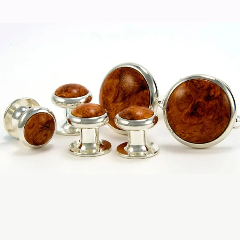 Cufflinks with Celtic knot designs for a unique and intricate finish-Amboyna Burl Silver Cufflink Tuxedo Stud Set