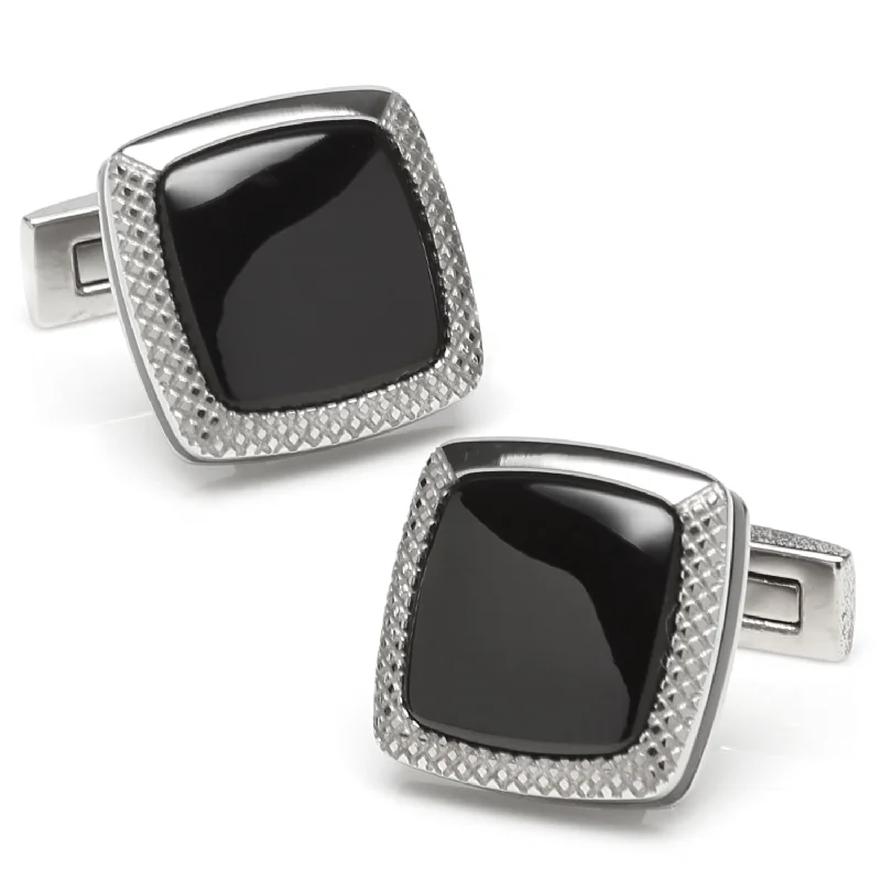 Cufflinks with engraved logos for a personalized and branded accessory-Onyx Cushion Stainless Steel Cufflinks