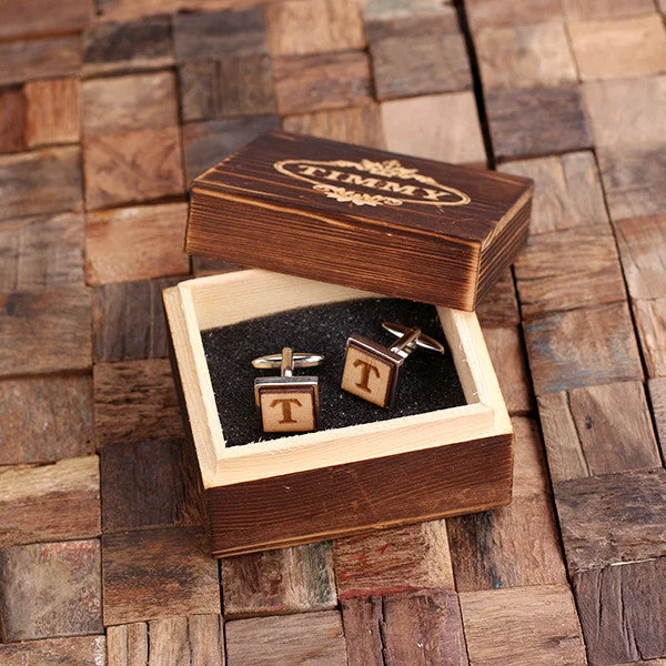 Cufflinks with quirky animal designs for a fun and distinctive style-Personalised Square Wood Insert Silver Cufflinks with Gift Box