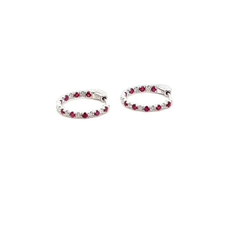 Medium hoop earrings for an everyday look with the perfect balance of style-14kt White Gold Mini Hoop with Diamonds and Rubies