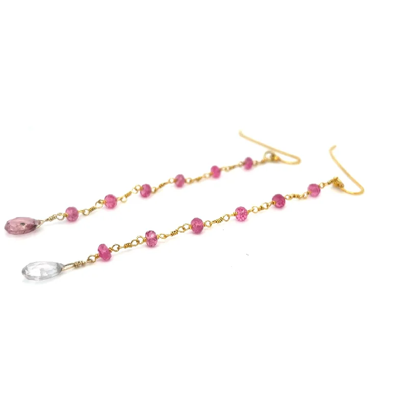 Best hoop earrings with custom engravings for a personalized and meaningful gift-18kt Gold Handmade Hand Wrapped Pink Spinel and Mismatched Pink and Blue Tourmaline Briolettes Earrings