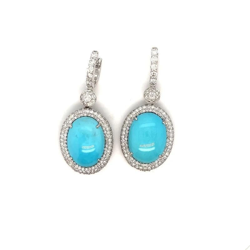 Best hoop earrings with minimalist designs for a clean and modern aesthetic-18kt White Gold Chandelier Hoop Diamond with Oval Cabochon Turquoise Drops