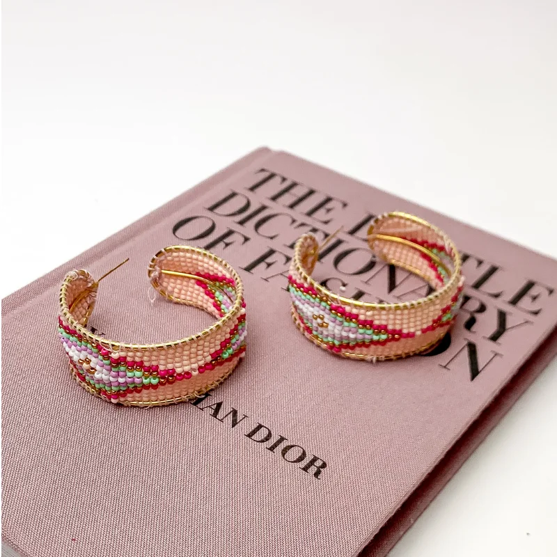 Best hoop earrings with butterfly motifs for a playful and whimsical appearance-Aztec Design Beaded Hoop Earrings in Blush Pink