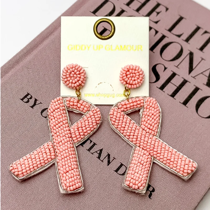 Hoop earrings with a chunky design for a bold and trendy statement-Beaded Breast Cancer Earrings in Pink