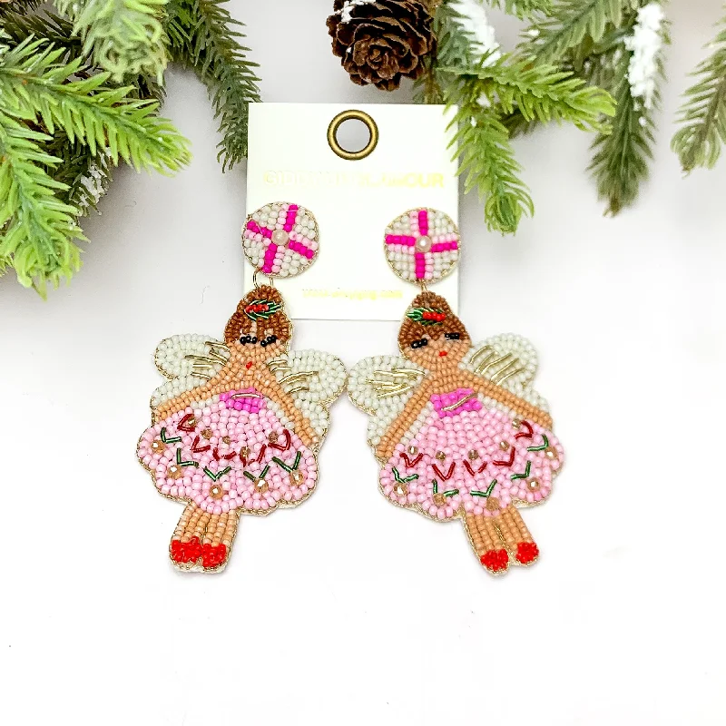 Best hoop earrings with turquoise stones for a bohemian-inspired vibe-Beaded Christmas Fairy Earrings in Pink Tones