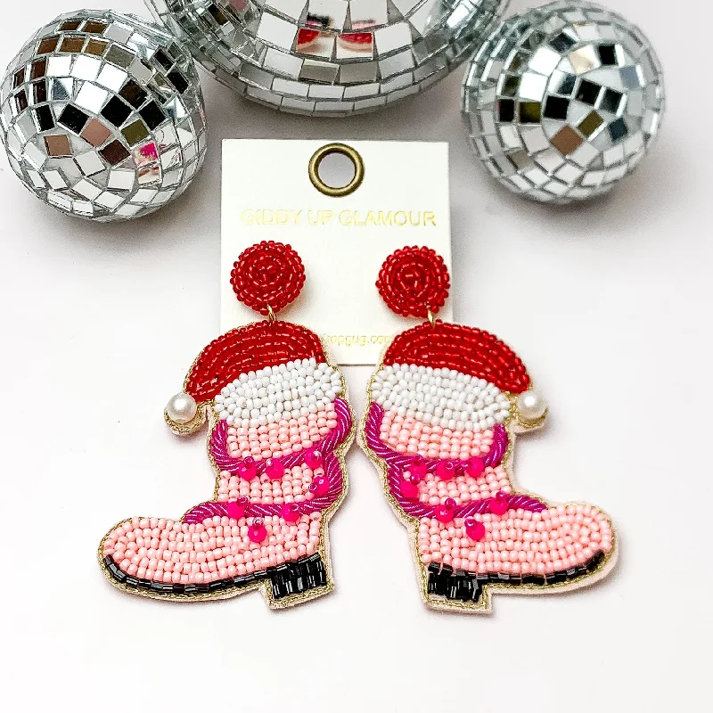 Hoop earrings with polished metal for a shiny and high-quality finish-Beaded Cowboy Boot Earrings with Santa Hat in Light Pink