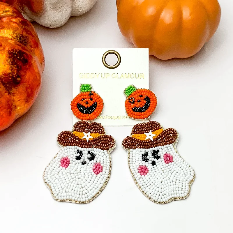 Best hoop earrings with gold for a luxurious and timeless look-Beaded Cowboy Ghost Earrings with Orange Pumpkin Studs in White