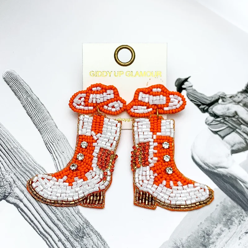 Best hoop earrings with custom designs for a personalized, unique accessory-Gameday Cowgirl Beaded Hat and Boot Earrings in Orange and White