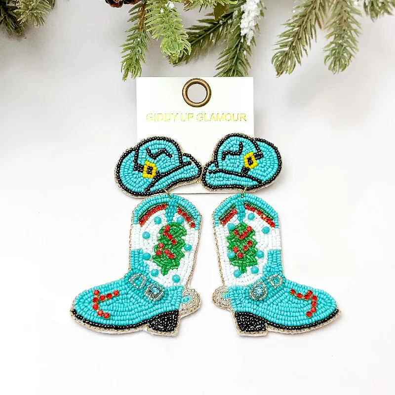 Hoop earrings with enamel stripes for a colorful and eye-catching design-Beaded Cowboy Hat and Boot Earrings with a Christmas Tree in Turquoise Blue