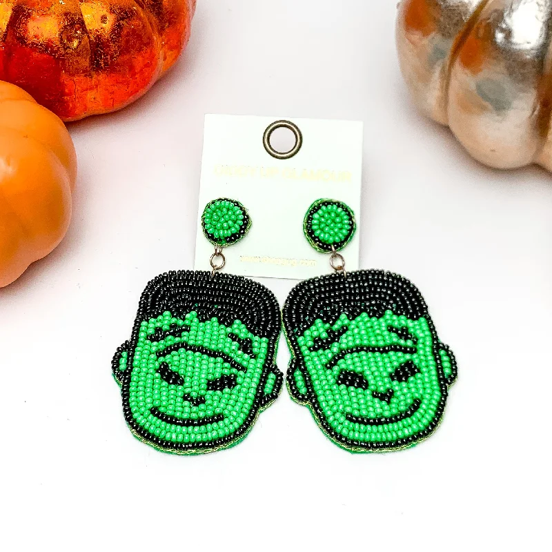 Hoop earrings with circle designs for a classic and timeless shape-Beaded Frankenstein Earrings in Green, and Black