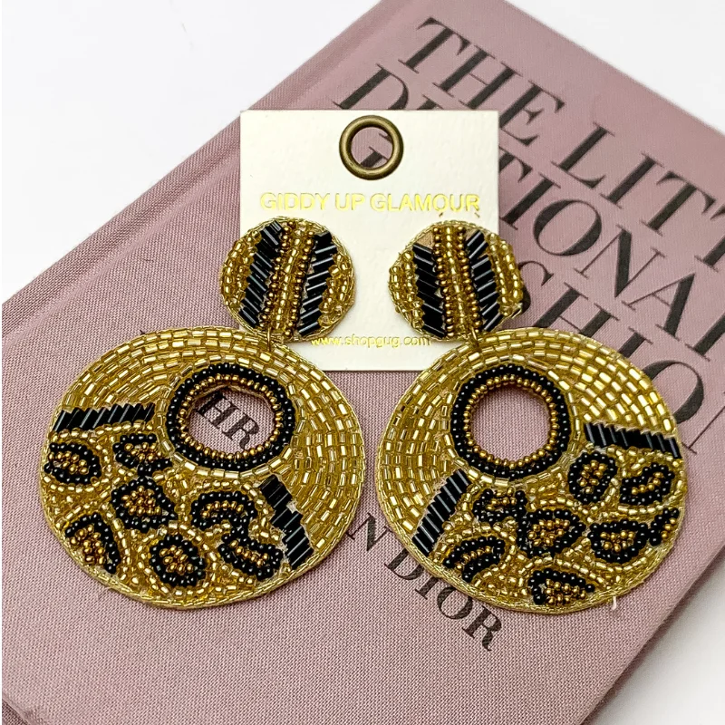 Best hoop earrings with blackened metal for an edgy and bold appearance-Beaded Leopard Dangle Earrings in Gold Tone