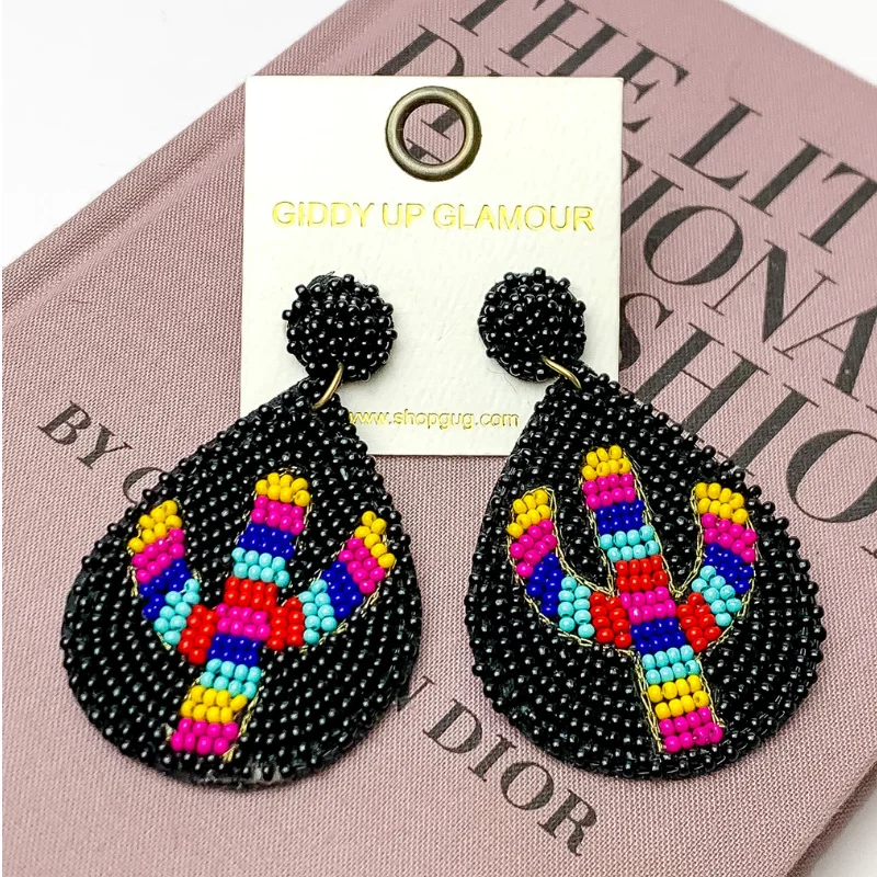 Best hoop earrings with rose gold for a romantic and warm aesthetic-Beaded Multi-Color Cactus Earrings in Black