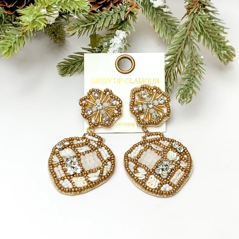 Hoop earrings with open designs for a modern, lighthearted vibe-Beaded Post Back Ornament Earrings in Ivory and Gold Tone