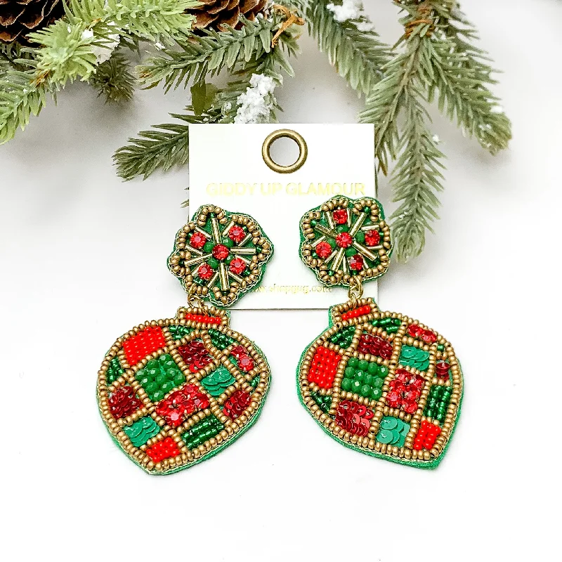 Hoop earrings with braided patterns for a detailed and textured finish-Beaded Post Back Ornament Earrings in Red and Green