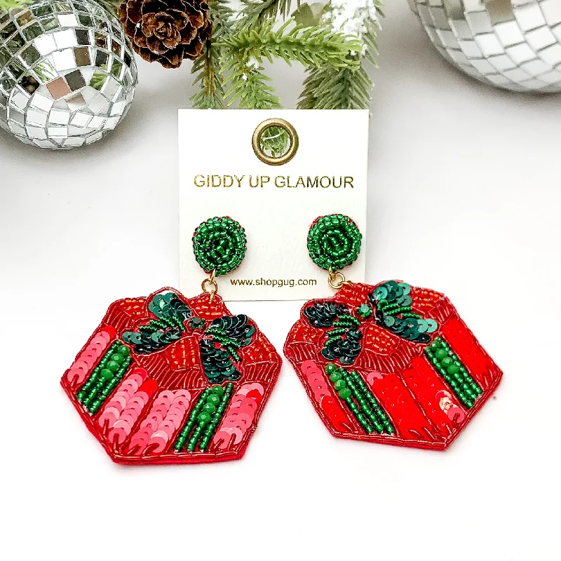 Hoop earrings with dangling charms for a playful and fun look-Beaded Present Box Earrings in Red and Green