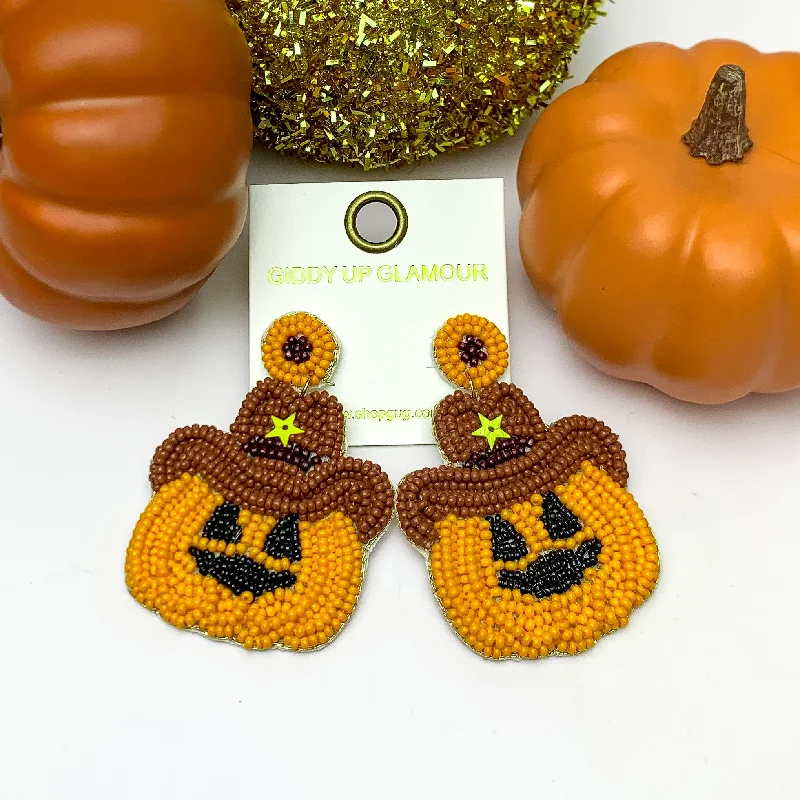 Hoop earrings with twisted leather for a chic and modern boho look-Beaded Pumpkin Earrings With Brown Cowboy Hat