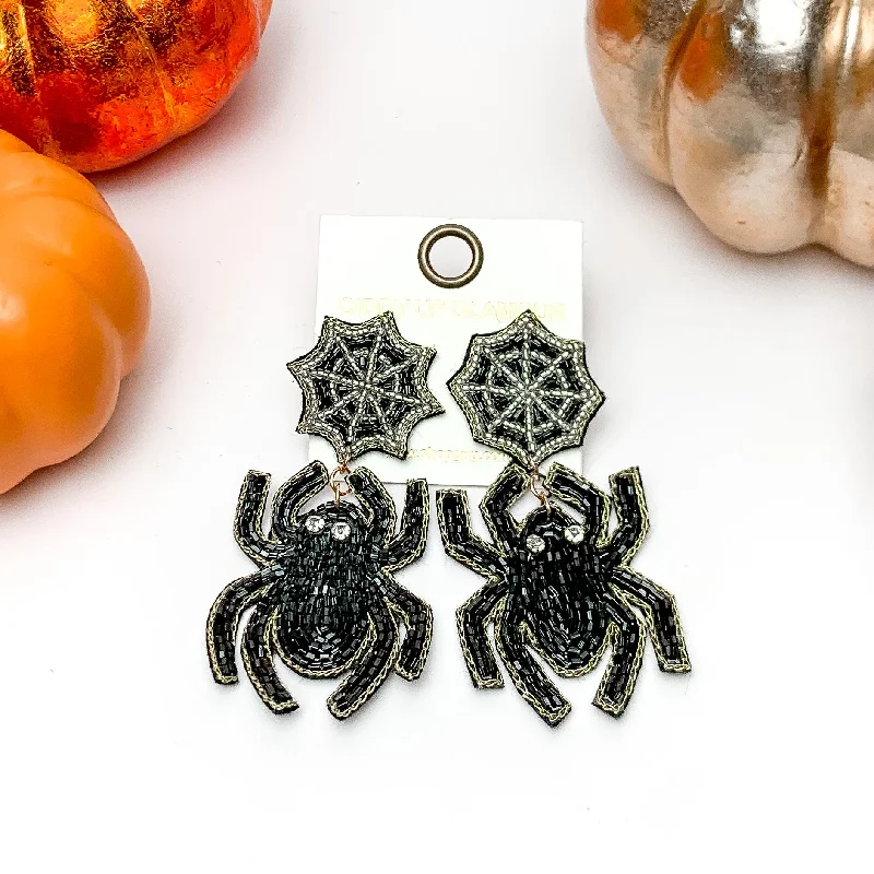 Hoop earrings with abstract wirework for an artistic, unique look-Beaded Spider Earrings With Web Post in Black