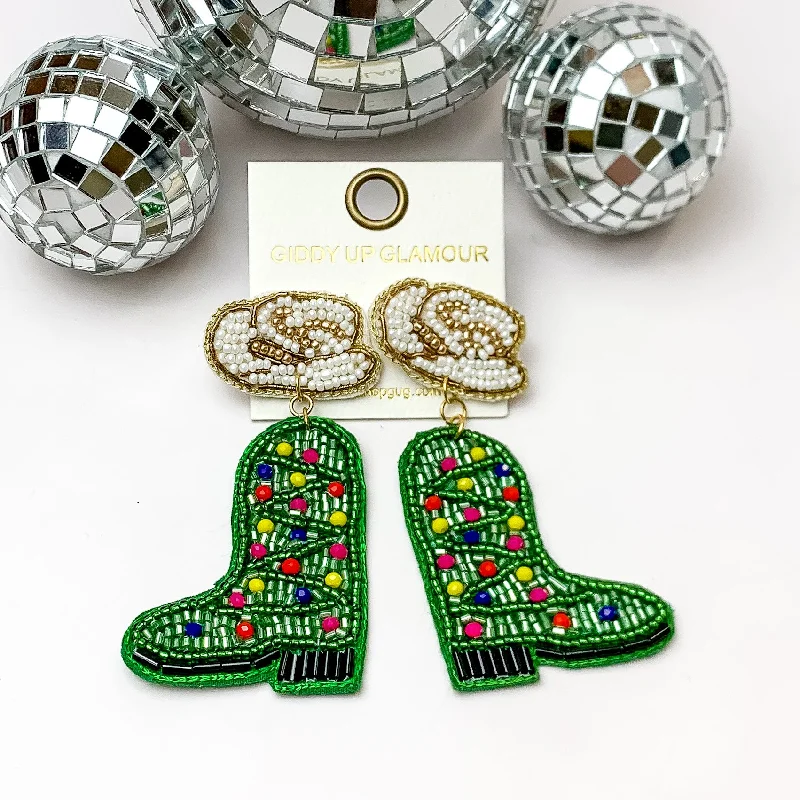 Best hoop earrings with matching bracelets for a coordinated jewelry set-Christmas Tree Beaded Cowboy Hat and Boot Earrings in Green