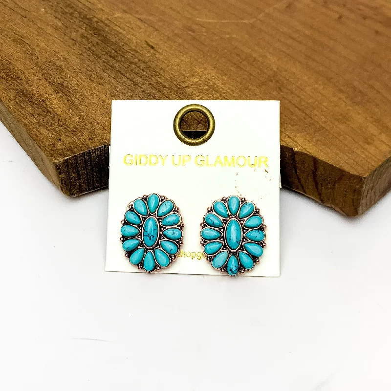 Hoop earrings with spiral designs for a dynamic and fluid look-Copper Tone Concho Cluster Oval Earrings in Turquoise Blue