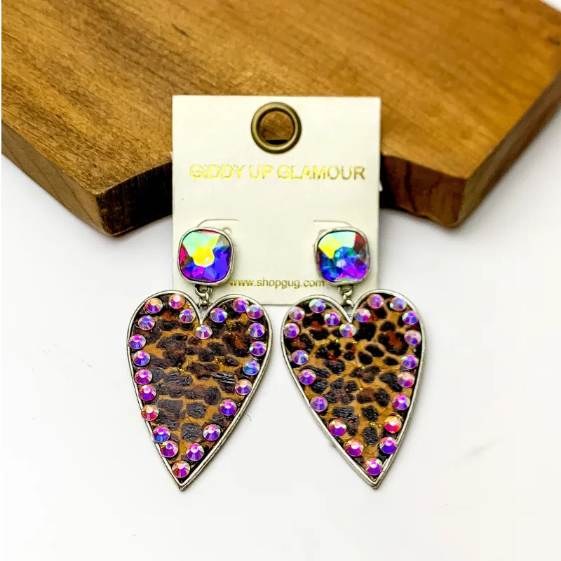 Hoop earrings with rhinestone-studded rims for a glamorous touch-Cork Leopard Print Heart Earrings with an AB Stone Border