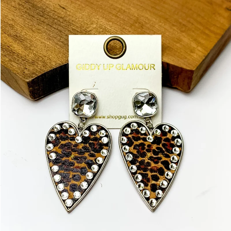 Best hoop earrings with minimal embellishments for a sleek and modern look-Cork Leopard Print Heart Earrings with an Clear Crystal Border