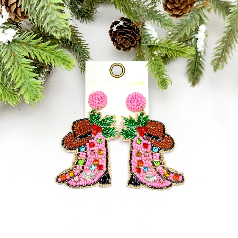 Best hoop earrings with infinity designs for a timeless and meaningful symbol-Cowgirl Christmas Beaded Boot Earrings in Pink