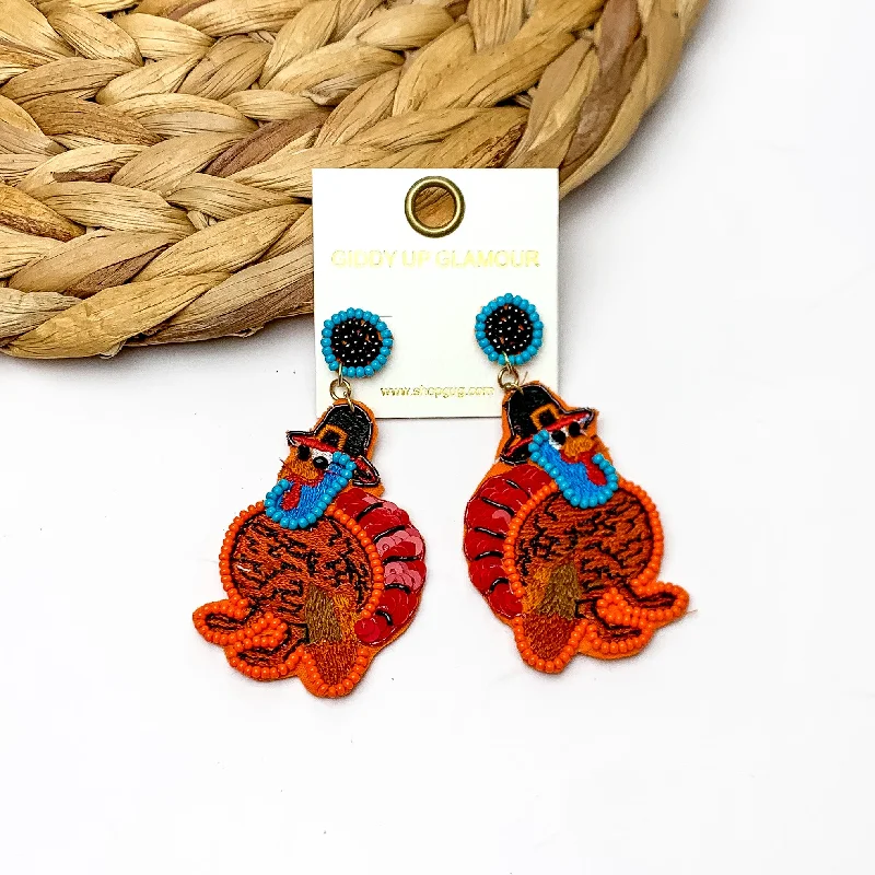 Hoop earrings with removable pendants for a versatile and customizable accessory-Fall Time Beaded Turkey Earrings in Brown, Red, and Orange