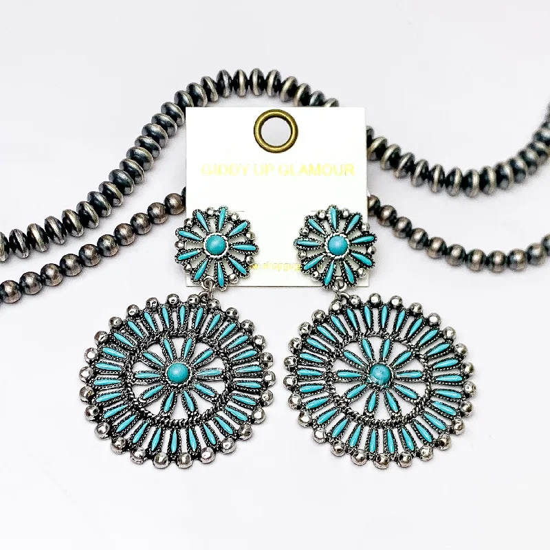 Medium hoop earrings for an everyday look with the perfect balance of style-Faux Navajo Cluster Drop Silver Tone Earrings in Turquoise Blue