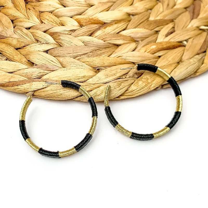 Hoop earrings with faceted crystals for added sparkle and shine-Game Day Glam Colored Hoop Earrings in Black and Gold