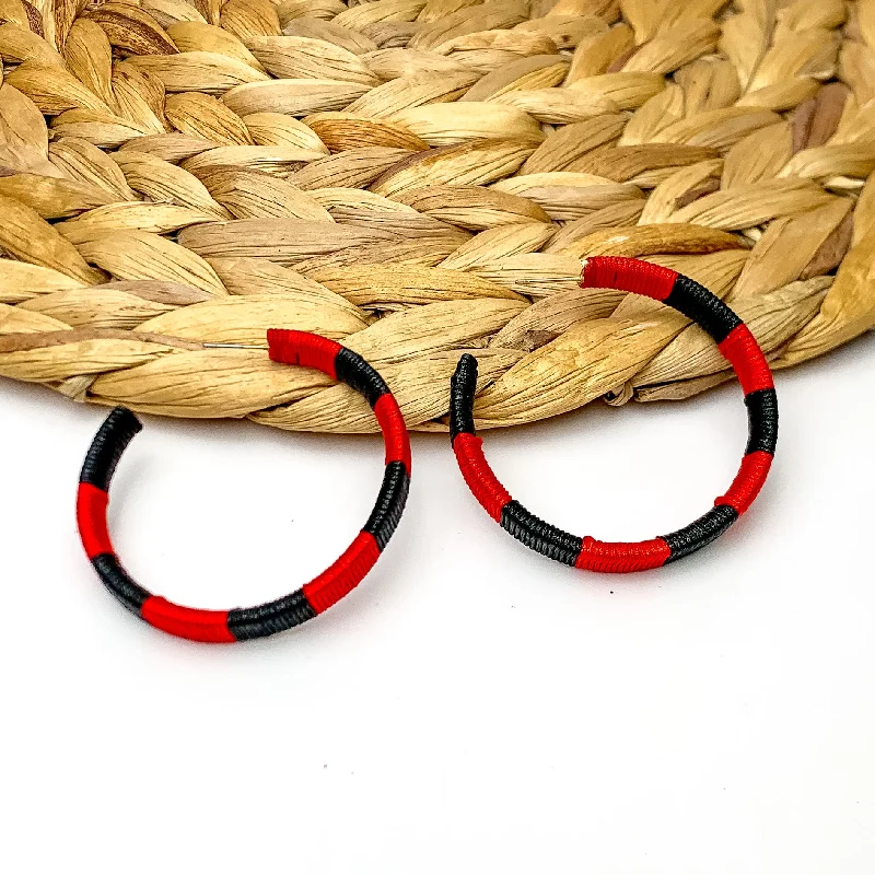 Hoop earrings with luxe velvet finishes for a rich and luxurious touch-Game Day Glam Colored Hoop Earrings in Black and Red