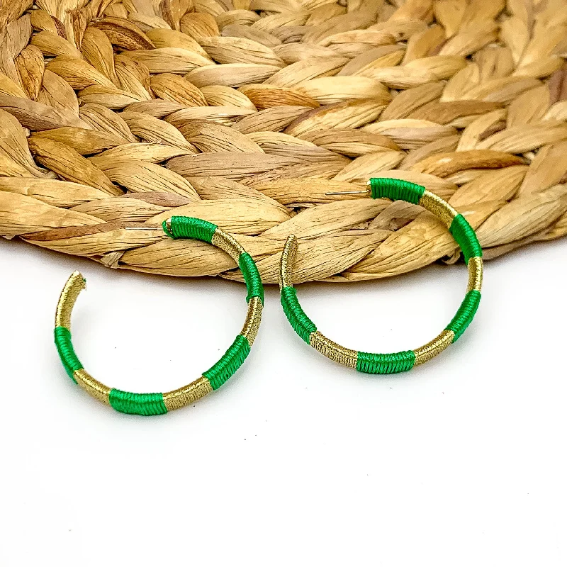 Best hoop earrings with vintage rhinestone embellishments for a retro-glam effect-Game Day Glam Colored Hoop Earrings in Green and Gold