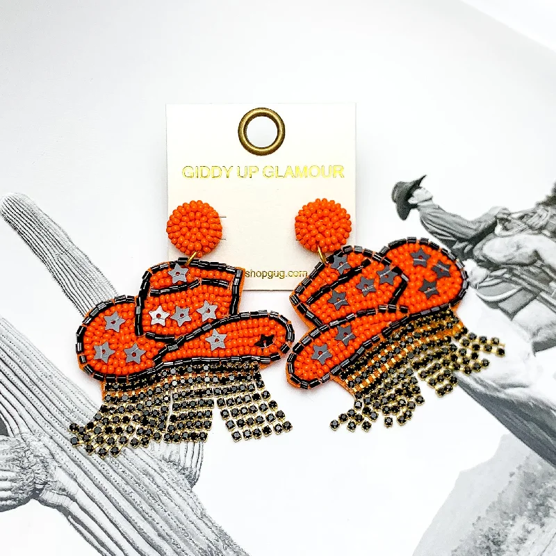 Best hoop earrings with detachable studs for a versatile and adjustable accessory-Gameday Beaded Cowboy Hat Earrings with Black Crystal Fringe in Orange and Black