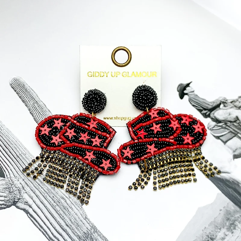 Hoop earrings with snake print designs for an edgy, wild appearance-Gameday Beaded Cowboy Hat Earrings with Black Crystal Fringe in Red and Black