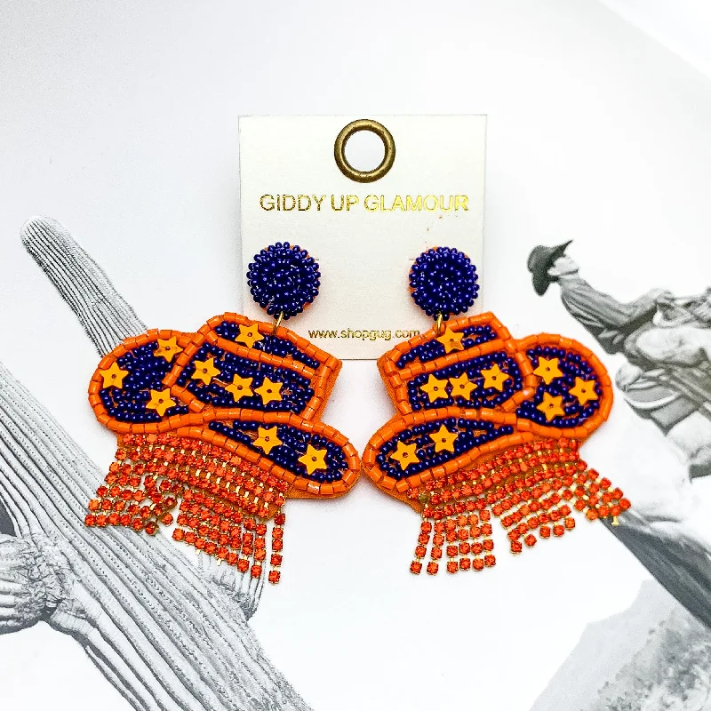 Hoop earrings with twisted leather for a chic and modern boho look-Gameday Beaded Cowboy Hat Earrings with Orange Crystal Fringe in Orange and Navy