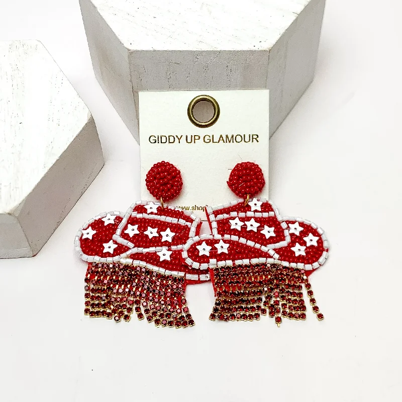 Hoop earrings with hammered textures for a boho-chic and rustic vibe-Gameday Beaded Cowboy Hat Earrings with White Crystal Fringe in Maroon and White