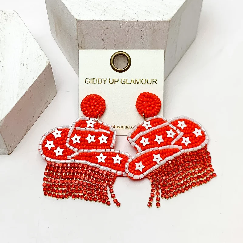 Best hoop earrings with gemstone accents for a colorful and elegant appearance-Gameday Beaded Cowboy Hat Earrings with White Crystal Fringe in Orange and White