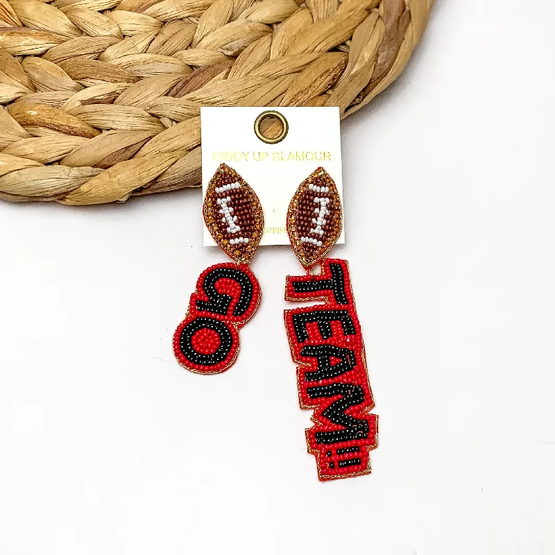 Best hoop earrings with matching bracelets for a coordinated jewelry set-"Go Team!!" Beaded Earrings With Football Posts in Black and Red