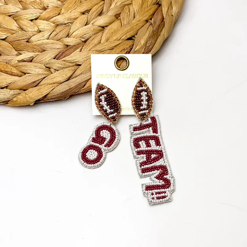 Best hoop earrings with twisted rope designs for a nautical-inspired style-"Go Team!!" Beaded Earrings With Football Posts in Maroon and White