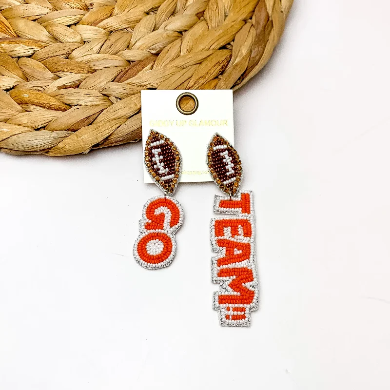 Hoop earrings with crescent moon shapes for a celestial and mystical appearance-"Go Team!!" Beaded Earrings With Football Posts in Orange and White