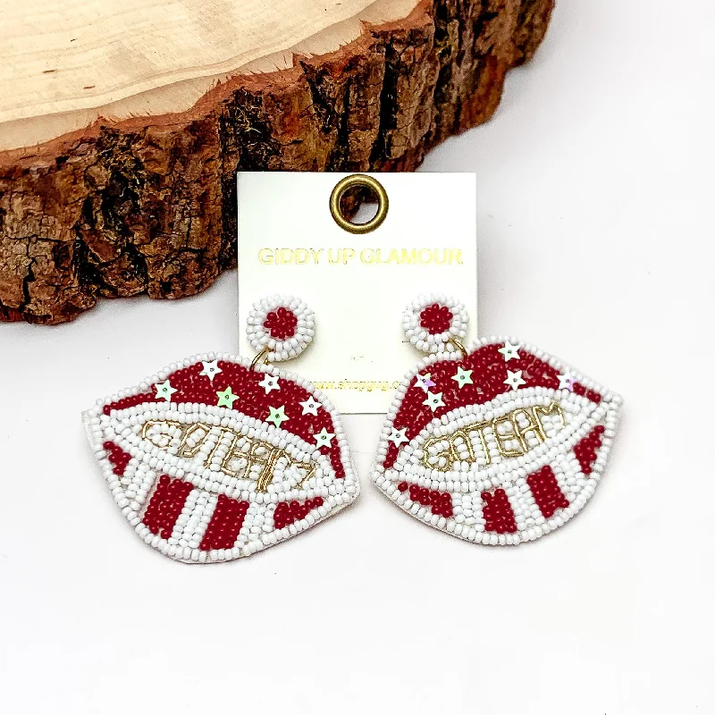 Hoop earrings with gold accents for a warm, elegant statement piece-GO TEAM Beaded Lips Post Earrings in Maroon and White