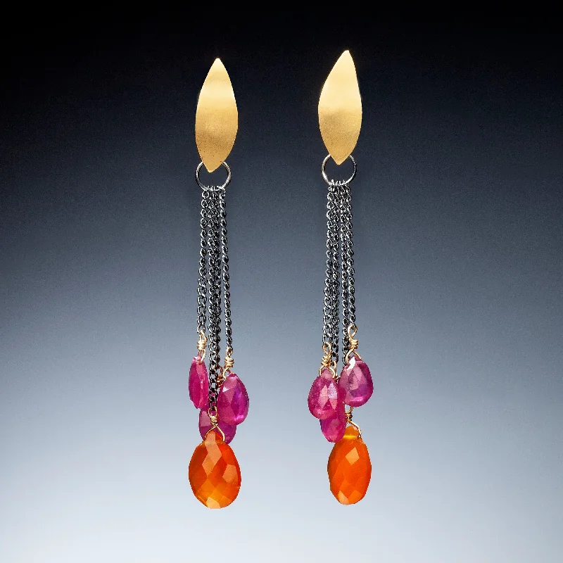 Best hoop earrings with delicate chain details for a trendy and stylish design-Gold Earrings with Pink and Orange Drops