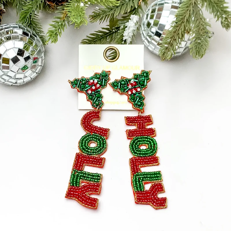 Hoop earrings with oversized designs for a bold, fashion-forward statement-HOLLY JOLLY Beaded Drop Mistletoe Post Back Earrings in Red and Green