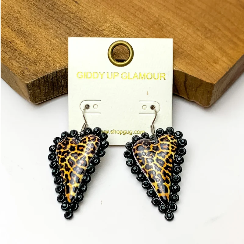 Hoop earrings with oversized pearl accents for a statement-making look-Leopard Print Heart Earrings with Black Tone Jewel Trim