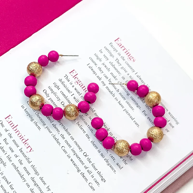 Best hoop earrings with custom engravings for a personalized and meaningful gift-Making Joy Beaded Hoop Earrings with Gold Tone Spacers in Fuchsia Pink