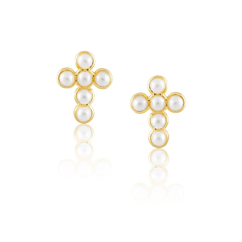 Best hoop earrings with hammered gold for a rustic yet elegant look-Mini Pearl Cross Studs