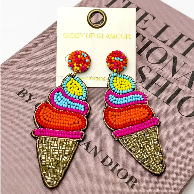 Hoop earrings with a matte finish for a sleek and sophisticated appearance-Multi-Color Beaded Ice Cream Cone Earrings in Gold Tone