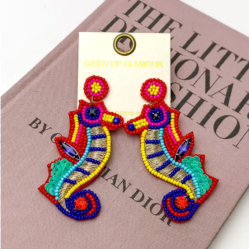 Hoop earrings with oversized designs for a bold, fashion-forward statement-Multi Color Beaded Seahorse Earrings