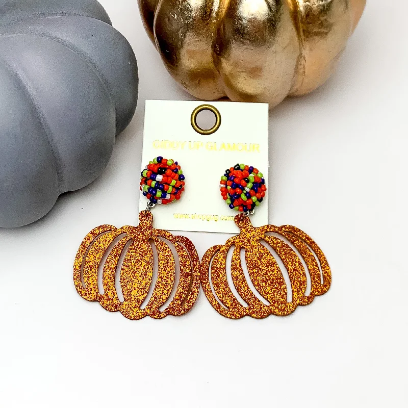 Hoop earrings with intricate designs for a unique and artistic appearance-Multicolor Beaded Post Earrings with a Orange Glitter Pumpkin Drop