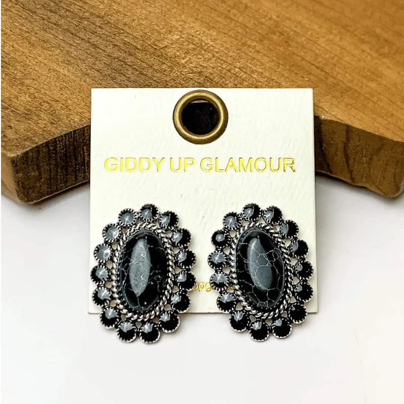 Hoop earrings with snake print designs for an edgy, wild appearance-Oval Black Marble Earrings with Black Circle Border