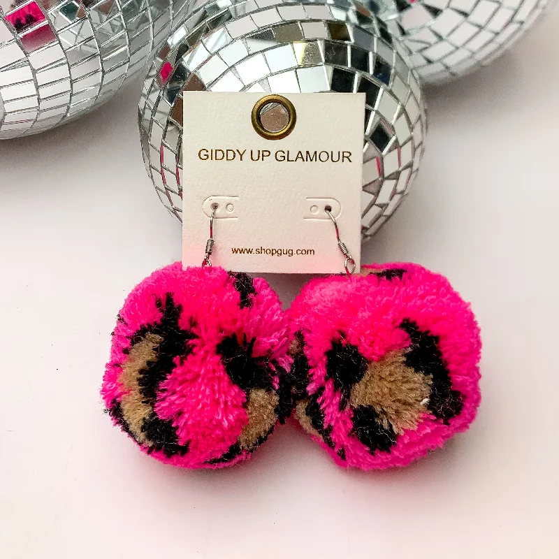 Classic hoop earrings with a thin profile for a sleek and subtle style-Party Poms Large Leopard Print Earrings in Hot Pink